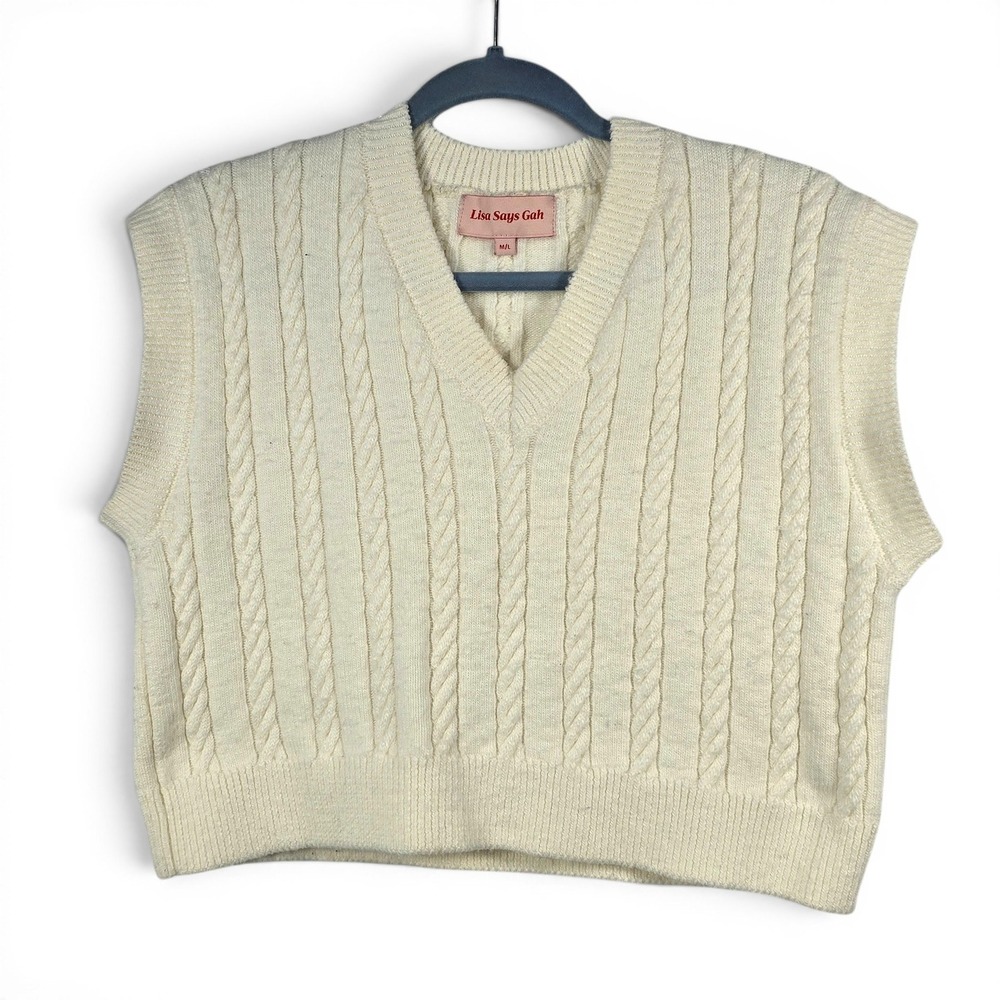 Lisaβ Says Gah Womens Cream Cable Knit V-Neck Sweater Vest Size M/L Made in USA